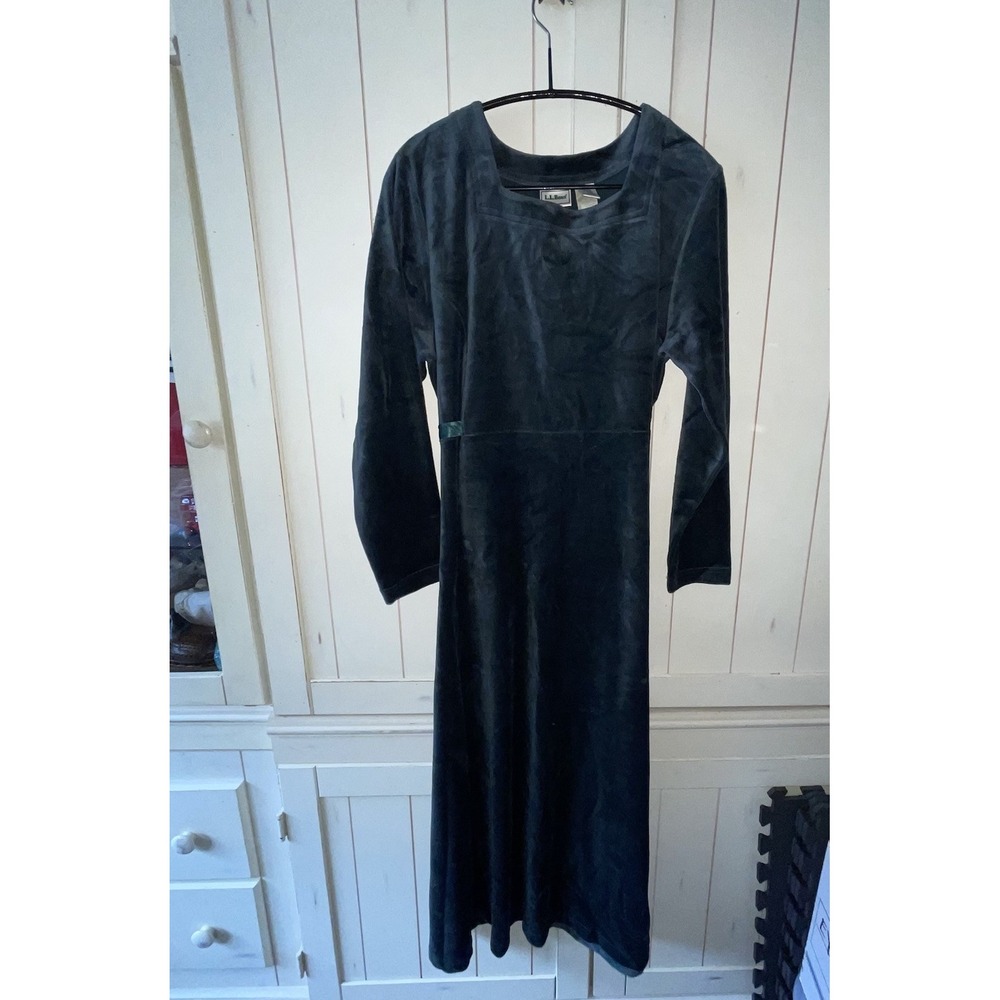 LL Bean VTG Emerald Green Velvet Maxi Holiday Holly Dress Women's S‎ Ribbon Tie